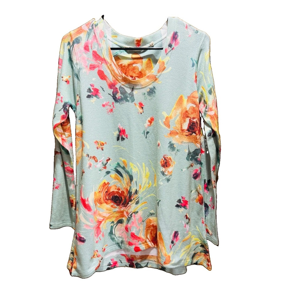 Soft Surroundings Green Floral Long Sleeve Scoop Neck Poly Tunic Top Small